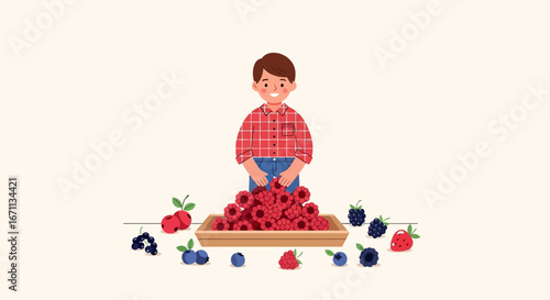 Smiling Boy Harvesting Raspberries, Blueberries, and Blackberries in Wooden Tray