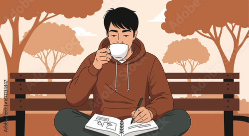 Person Drinking Coffee and Sketching in Park Enjoying Tranquility and Contemplating