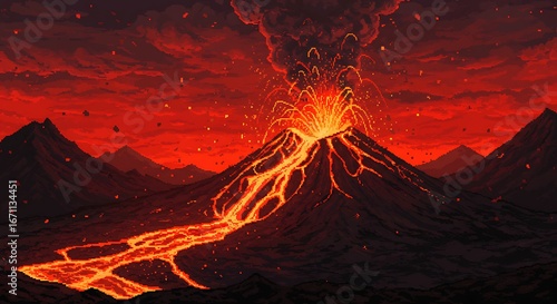 Volcano Eruption with Flowing Lava Pixel Art