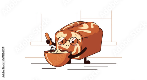 Smiling Bread Loaf Character Baking, Whisking Ingredients, Ready for Baking, Cheerful