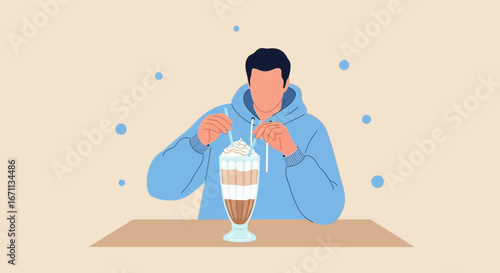 Person Enjoying A Layered Drink Sitting At A Table With A Blue Hoodie