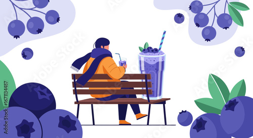 Person Enjoying Blueberry Smoothie While Relaxing on a Bench with Autumn Ambiance