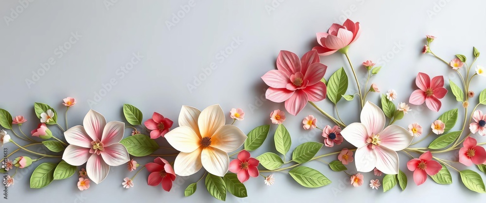 Papercraft floral banner, horizontal, blooming flowers, leaves, delicate design, spring theme,  design,  close up