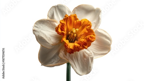Detailed close-up of a daffodil blossom with ruffled center and delicate petals