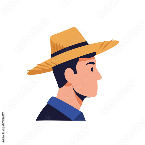 A minimalist 2D flat vector illustration shows the side profile of a farmer wearing a traditional straw hat, rendered with clean lines and solid colors, isolated on a pure white background.