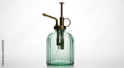 Elegant glass plant mister sprayer with brass details isolated on a white background