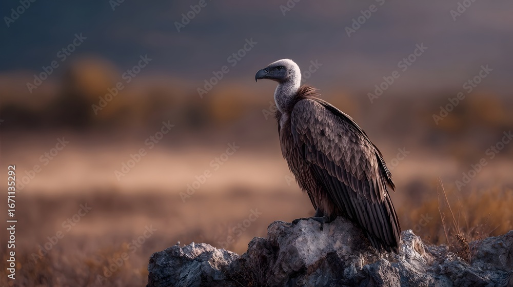 Fototapeta premium Majestic vulture perched on a rock in a dry arid plain