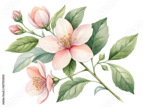 Delicate watercolor painting of pale pink apple blossoms on a dark background