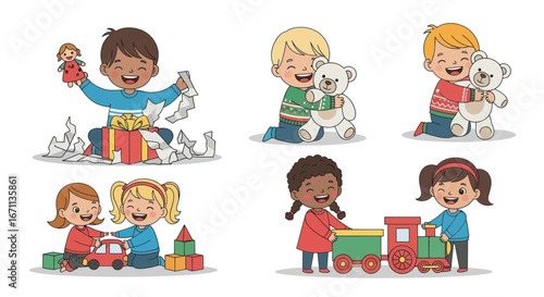 Animated children opening christmas gifts and playing with their new toys with excitement