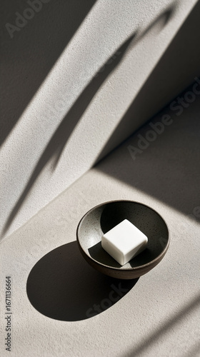 White bar of soap sits in a small bowl on a grey surface. The image has a simple and clean look, with the soap being the main focus