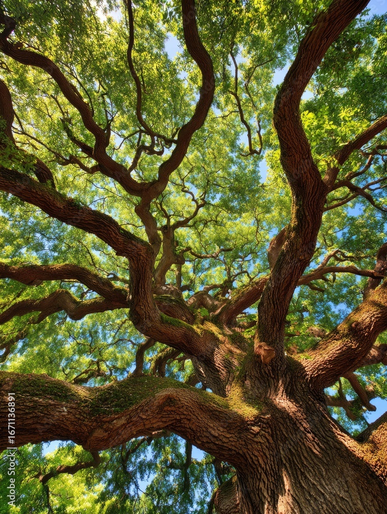 Naklejka premium Massive tree canopy, lush green leaves