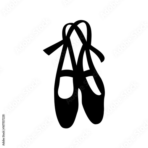 Black silhouette of pointe shoes hanging with ribbons on a white background
