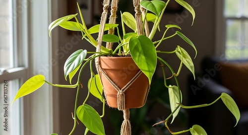 Pothos Plant in Macrame Hanger by Window.