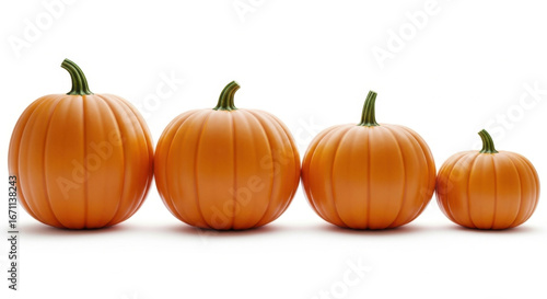 Four orange pumpkins of varying sizes against a clean white background for seasonal concepts
