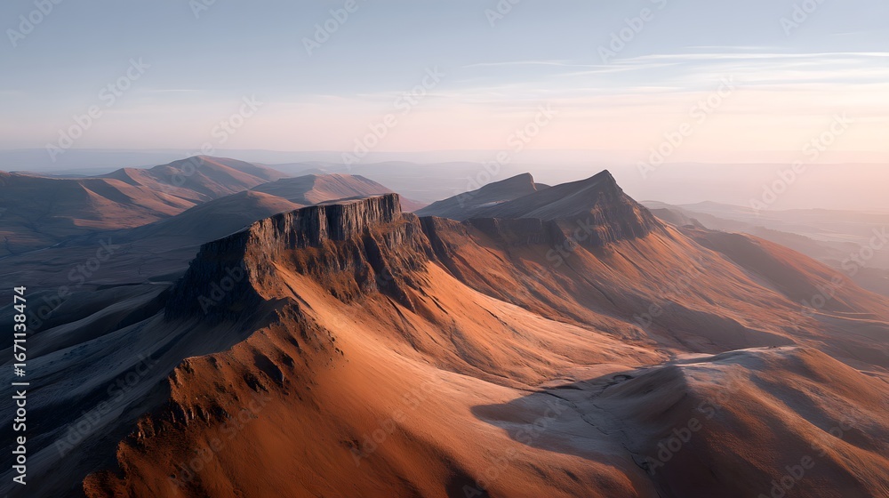 Naklejka premium A cinematic mountain plateau with long shadows at sunset