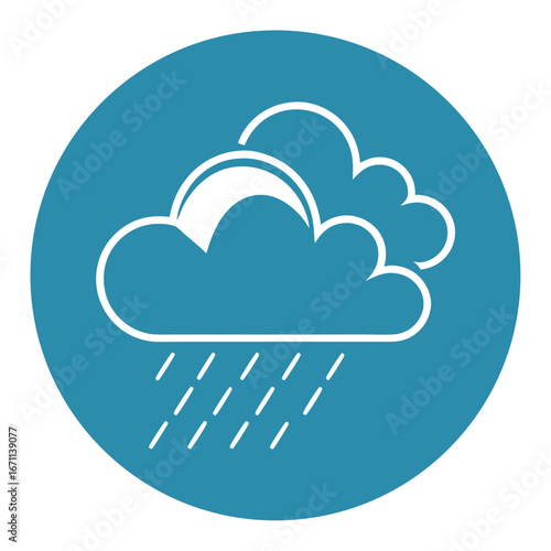 Flat vector illustration of cloudy weather icon with white fluffy cloud inside blue circle isolated on white background