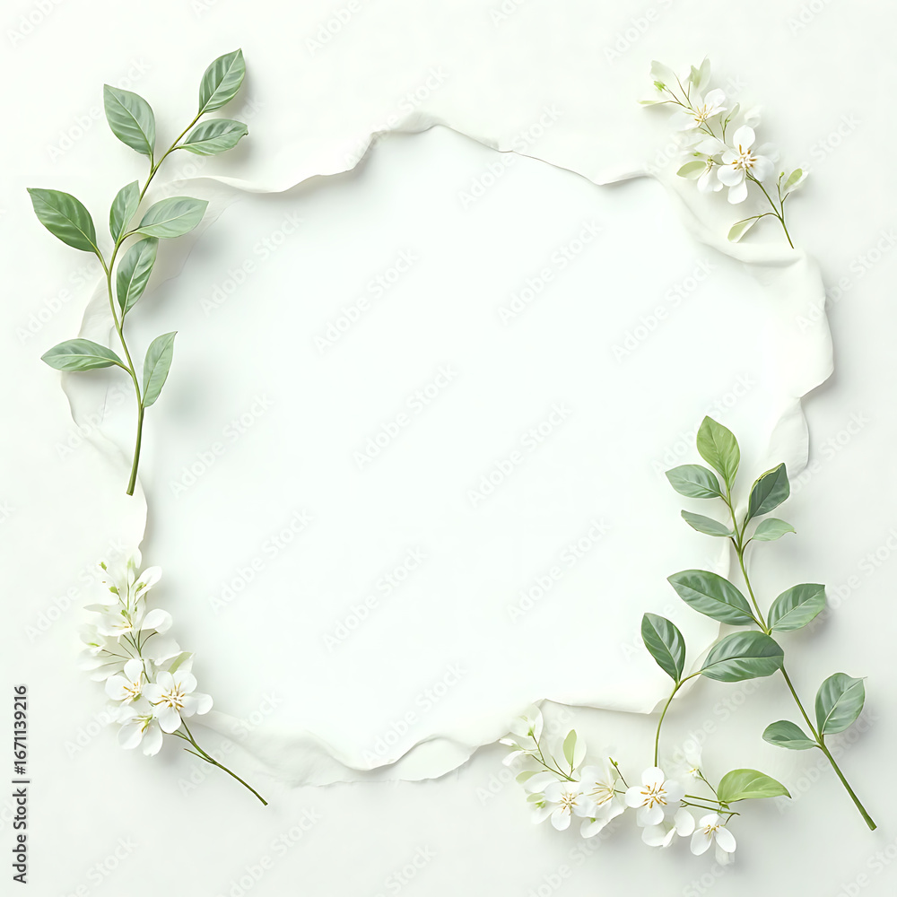 Fototapeta premium White Natural Fiber Paper Texture with Green Leaves