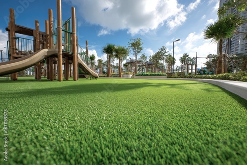 Wallpaper Mural Play area with artificial turf, wooden playset, and lush greenery under a partly cloudy sky Torontodigital.ca