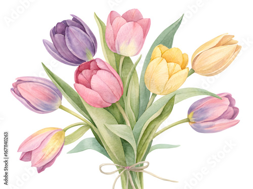 Wallpaper Mural Watercolor bouquet of colorful tulips tied with a ribbon on a black background Torontodigital.ca