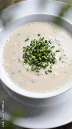 Close up of creamy soup with chives in a white bowl on a white plate in a vertical shot