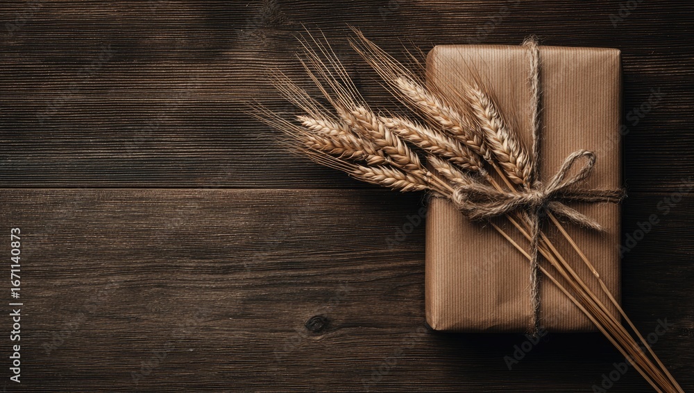 Obraz premium Gift wrapped in kraft paper with wheat stalks.
