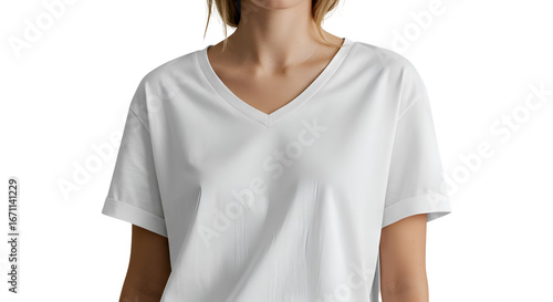 Wallpaper Mural Close-up of a woman's off-white, v-neck, short-sleeved t-shirt. Torontodigital.ca