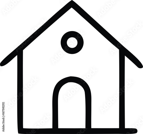 Simple hand drawn house icon a charming dwelling symbol for real estate and home websites featuring a gable roof arch door and circular window
