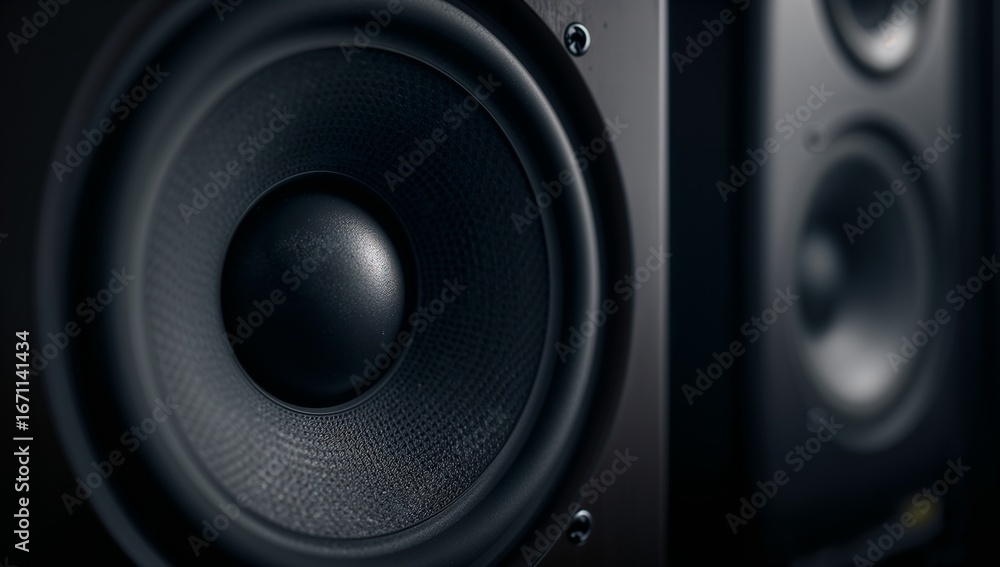 Detailed close up of the modern black audio speaker within low light, showing textured cone and smooth surface, featuring another speaker softly blurred in the background Detailed close up of the modern black audio speaker within low light, showing textured cone and smooth surface, featuring another speaker softly blurred in the background