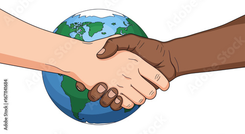 Global partnership depicted by interethnic handshake symbolizing collaboration and unity