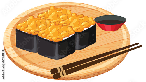 Baked Sushi Rolls with Sauce on Wooden Plate