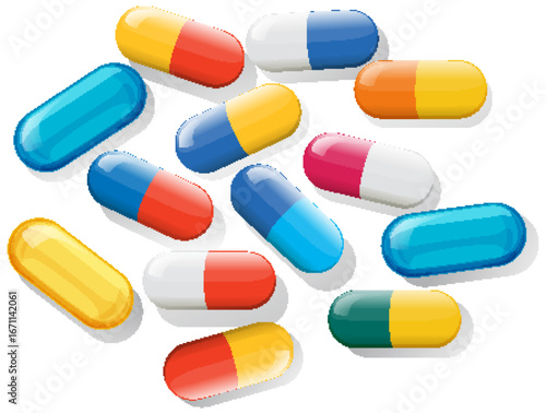 Colorful Vitamin Capsules in Flat Vector Style