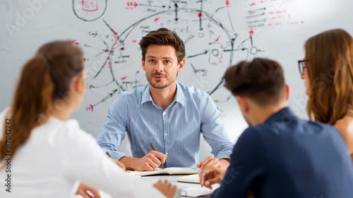 Financial coaching session for business team strategy and planning in modern office with whiteboard collaboration and discussion