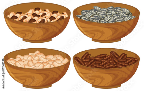 Assorted Nuts and Seeds in Wooden Bowls Illustration