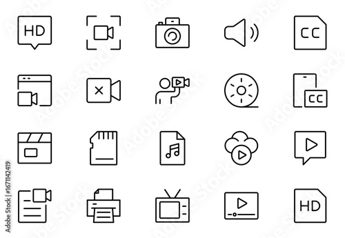 Video line icon set. Containing camera, play, pause, media, online video, live, production, player, movie and cinema icons.video production icon outline icon collection. Vector illustration