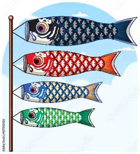 Traditional Japanese Koinobori Carp Streamers Flying on Flagpole