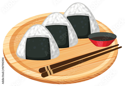 Three Onigiri Rice Balls on Wooden Plate with Chopsticks