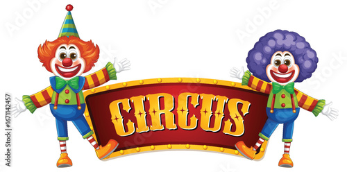 Two Colorful Clowns Standing Beside Circus Sign