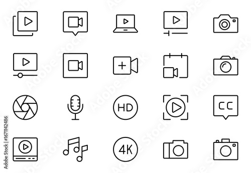 Video line icon set. Containing camera, play, pause, media, online video, live, production, player, movie and cinema icons.video production icon outline icon collection. Vector illustration