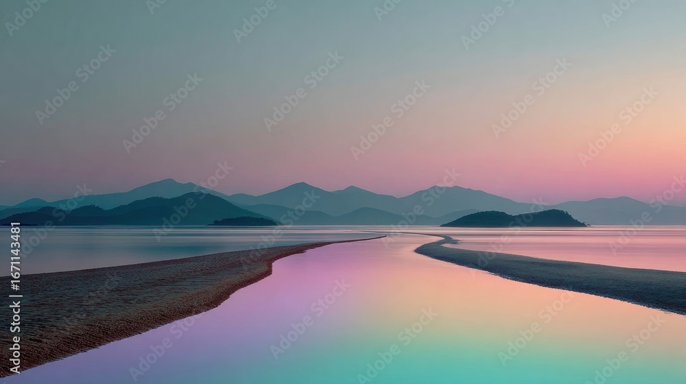 Obraz premium Tranquil, pastel-hued coastal landscape at sunrise