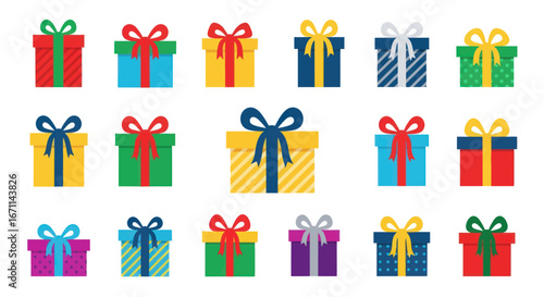 Collection of vibrant gift boxes with bows offering festive designs for celebration
