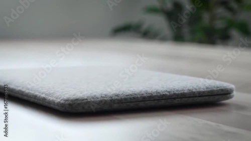 Close up of a gray laptop on a wooden surface with a plant in the blurred background view indoors