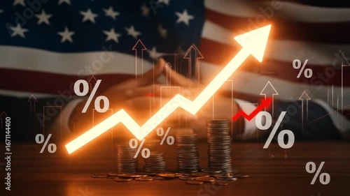 Concept of US economic growth, inflation, and rising interest rates, with a glowing upward arrow over stacked coins and an American flag in the background.