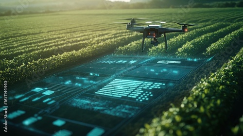A drone surveys a verdant field, a futuristic heads-up display projecting data onto the ground, showcasing precision agriculture technology
