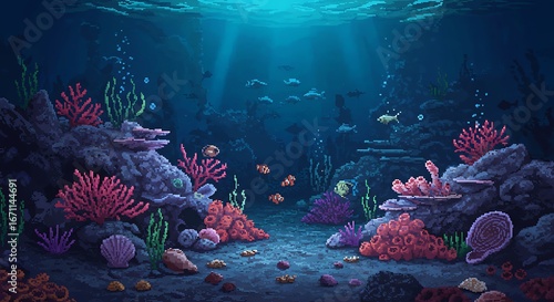 Underwater Pixel Art Scene with Coral and Fish
