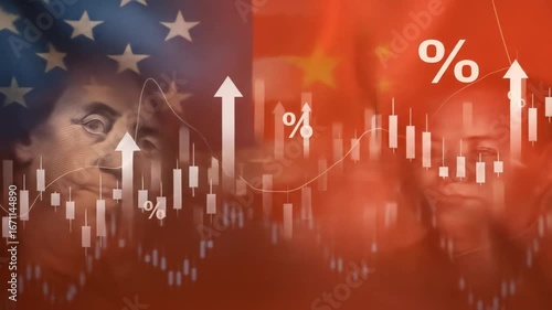 US and China trade war and economic competition concept, with flags, currencies, and a stock market chart showing financial conflict and growth.