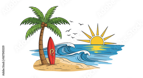 Tropical getaway illustration with palm tree surfboard and vibrant ocean waves