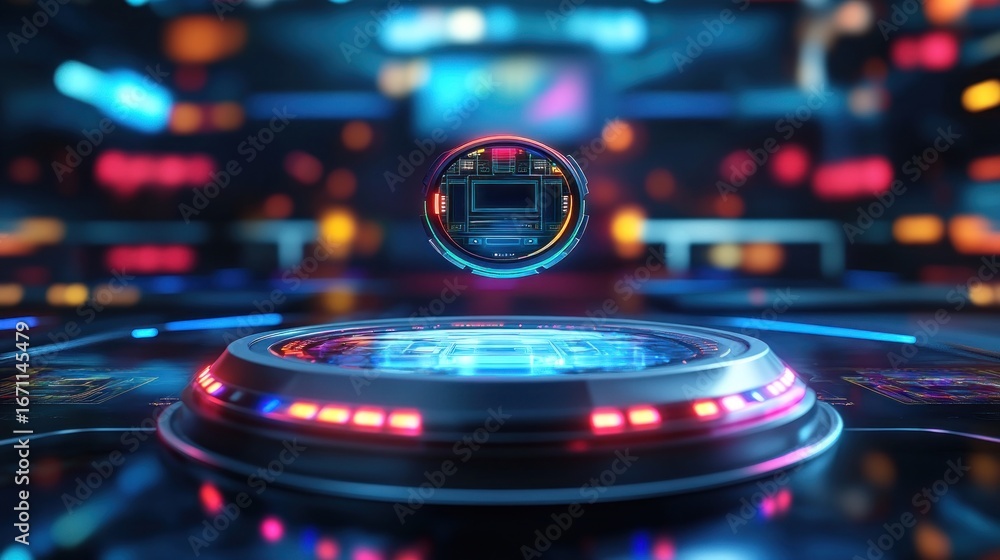 Obraz premium A glowing orb of circuits floats above a platform in a futuristic, neon-lit environment