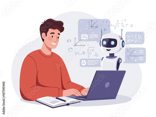 Male Student Learning with AI - Use Artificial Intelligence Generative Tools For Education Concept Vector Illustration