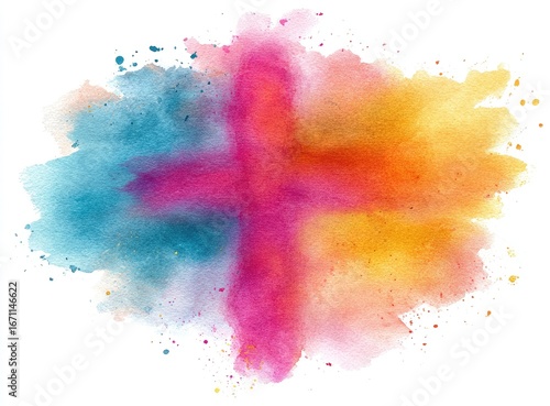 A vibrant, colorful watercolor painting features a bold cross design, merging hues of magenta, turquoise, and warm orange tones against a white background.