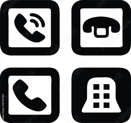 Collection of four black and white icons for communication devices featuring telephones and a modem symbol